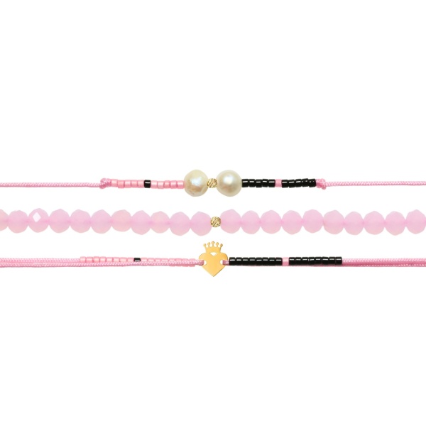 Set PROMO 3 bratari cu snur & cristale + bilute si inimioara cu coronita din aur 14k