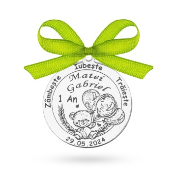 Banut Argint 2.5cm pentru botez - mot - turta personalizabil - Teddy Bear - Img 4