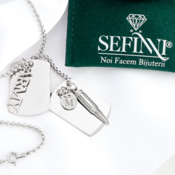 Colier Army din argint cu placute personalizabile, glont si initiala - Img 5