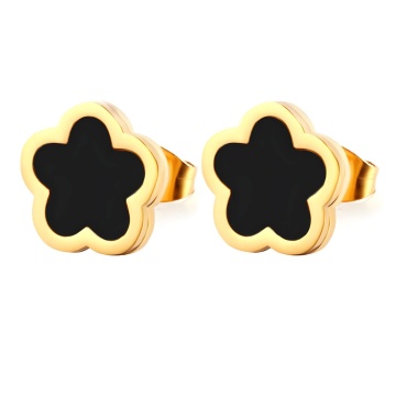 Cercei Stud Black Flower din Inox placat cu AUR 18K - Img 1