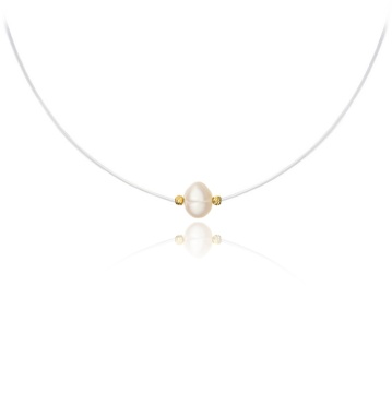 Colier cu fir transparent, perla de cultura si bilute din AUR 14K