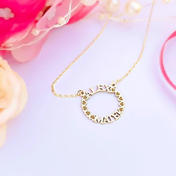 Colier Love Circle din aur 14k personalizat cu 2 nume si inimioare 45cm - Img 2