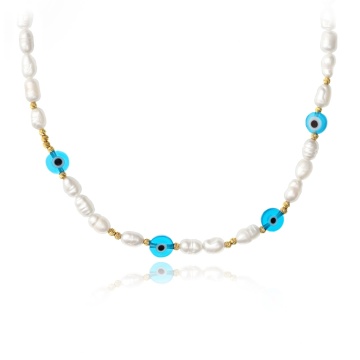 Colier Talisman cu perle de cultură, ochi de deochi si bile din aur 14K - Img 1