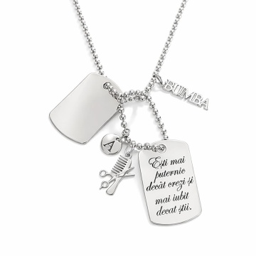 Colier tip Army din argint cu placute personalizabile, nume si charm-uri