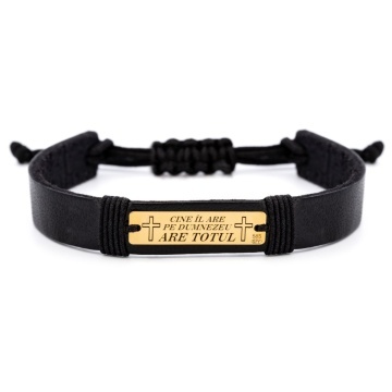 Brățară Cine îl are pe Dumnezeu din AUR 14K cu Piele Naturală