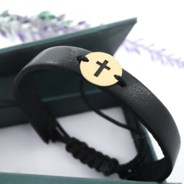 Bratara Protection Cross din AUR 14K si Piele Naturală - Img 2