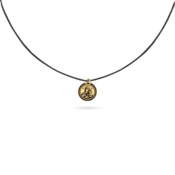 Choker cu Șnur Negru și Bănuț din Aur 14K cu Maica Domnului