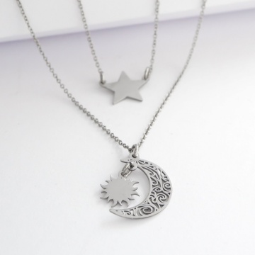 Colier dublu din argint model Sunrise cu stea, soare si luna - Img 2