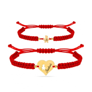 Set 2 bratari cu snur pentru mama si copil - Inima cu figurina decupata din aur 14K