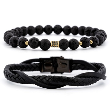 Set 2 brățări Stone din AUR 14K si Piele Naturală