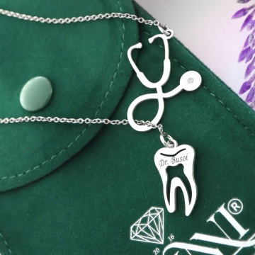 Colier din argint cu stetoscop si dintisor - pentru medic/asistenta stomatolog - Img 2