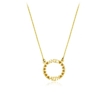 Colier Love Circle din aur 14k personalizat cu 2 nume si inimioare 45cm