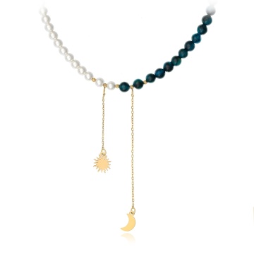 Colier Midnight cu agate, perle și elemente din aur 14K