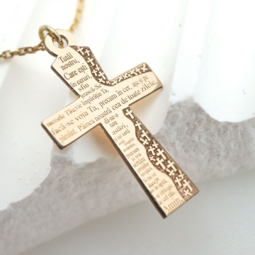 Colier cu cruce Tatal Nostru din aur 14k - Img 2