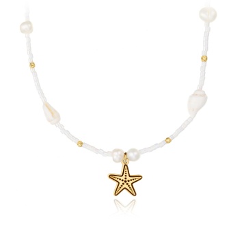 Colier Oasis cu Stea de Mare, scoici si 14 bilute de 2mm din aur de 14K - Img 1