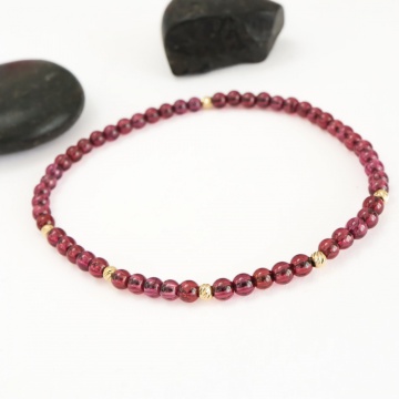 Brățară elastică cu Granat Natural de 3mm și 6 bile aur 14K - Img 2