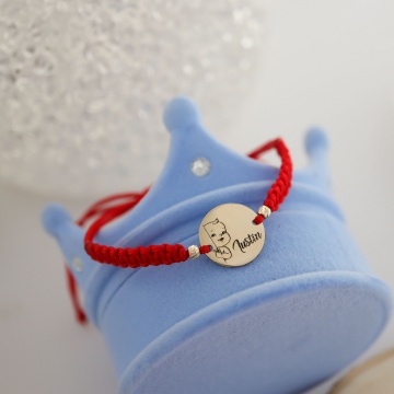Bratara pentru copii, cu snur si banut din aur 14k / 12mm personalizat - Img 3