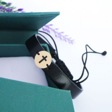 Bratara Protection Cross din AUR 14K si Piele Naturală - Img 3
