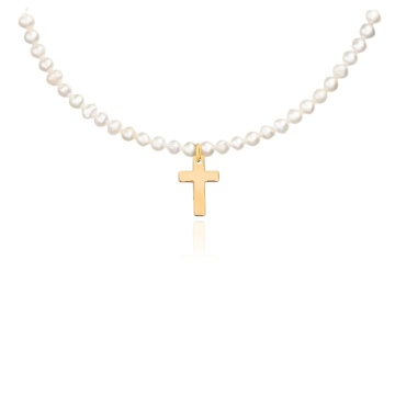 Colier Mini Pearl Cross cu Perle de Cultura și AUR 14K