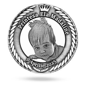 Moneda Botez 3cm din Argint 925 personalizata 3D cu datele copilului si fotogravura - Img 1