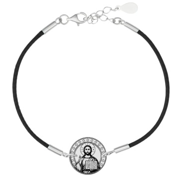 Brățară Iisus Hristos Pantocrator cu Piele și Bănuț din Argint 925