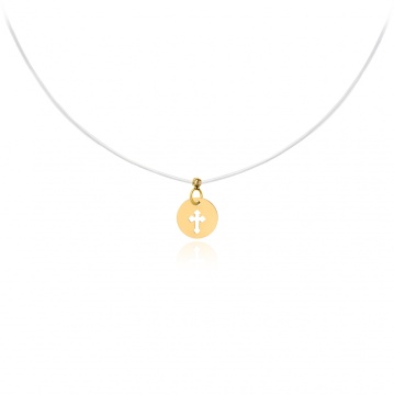 Colier cu fir transparent si banut cu cruce decupata din AUR 14K