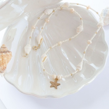 Colier Oasis cu Stea de Mare, scoici si 14 bilute de 2mm din aur de 14K - Img 3