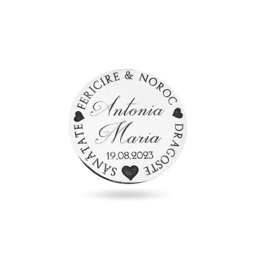 Moneda Botez 3cm din Argint 925 personalizata cu numele copilului si data