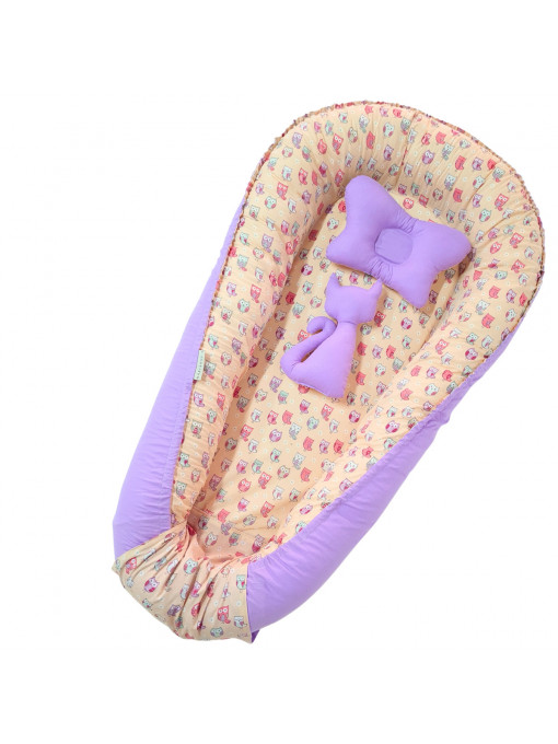 SET Baby Nest Diamond Bufnițe Roz cu Pernuță și Jucărie - Cuib Confortabil pentru Bebeluși