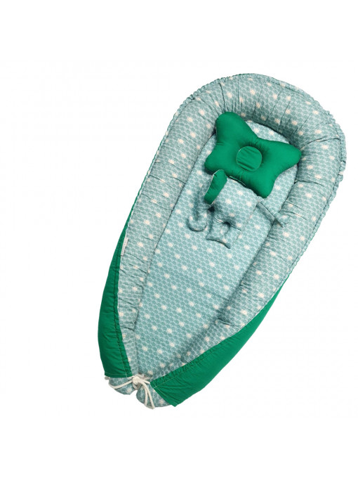 SET Baby Nest Verde Elefanți cu Pernă și Jucărie - Cuib confortabil pentru Bebeluși