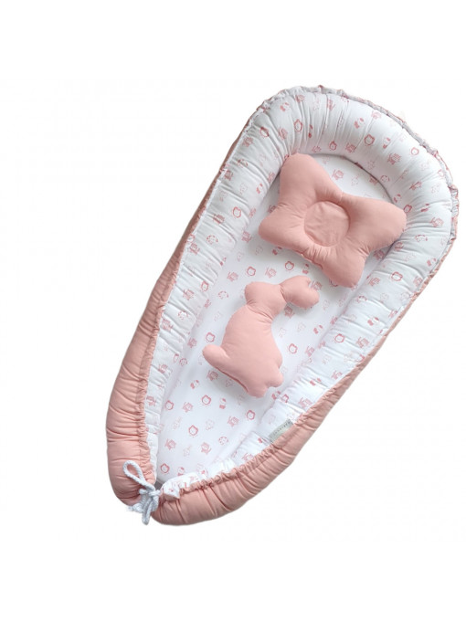 Babynest Deluxe roz model alb cu animalute