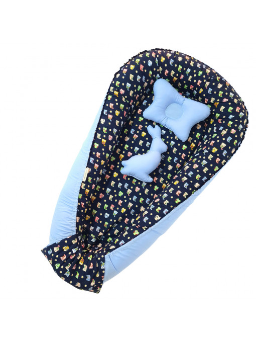 SET Baby Nest Diamond Bufnițe Bleumarine cu Pernuță și Jucărie - Cuib Confortabil pentru Bebeluși