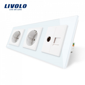 Priza tripla schuko tv calculator rama de sticla alb