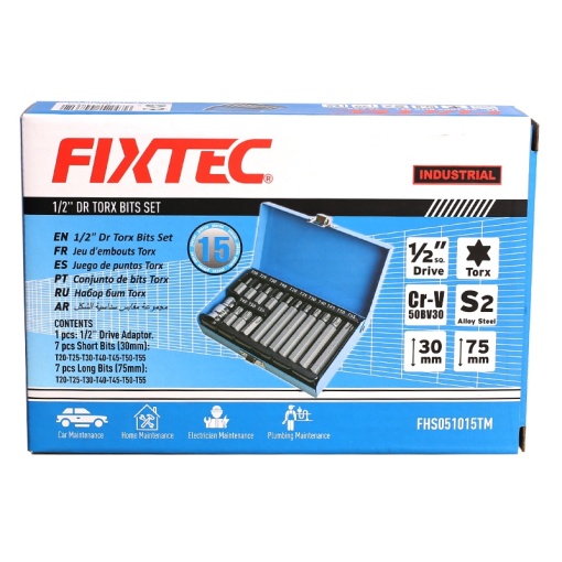 Set biti Torx FIXTEC 15 piese, 1/2", S2, cutie metal - Img 6
