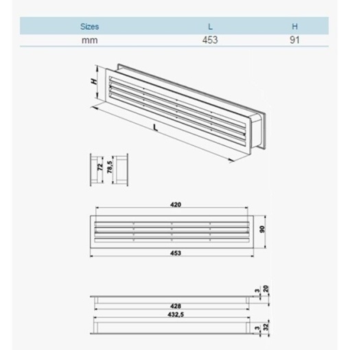 Grila ventilatie dubla pentru usa VENTS MV Maro 430/2, 80x429mm - Img 2