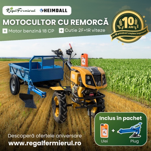 Pachet Motocultor 18 CP Benzina , Remorca 600 kg , Plug si Ulei - Img 2