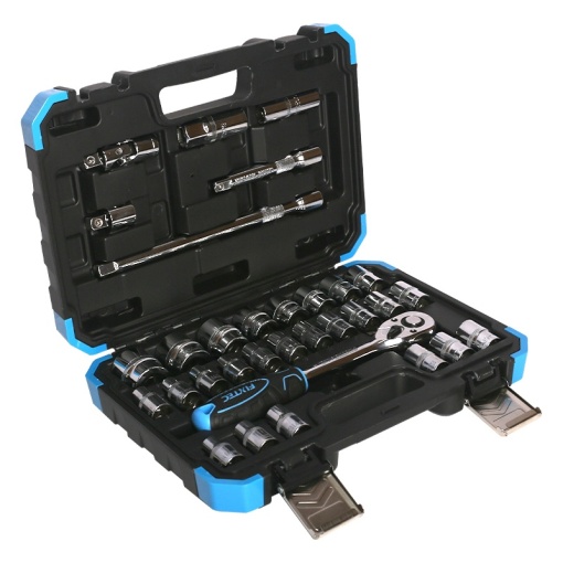 Set chei tubulare FIXTEC 32 piese 1/2", CR-V, cu clichet reversibil si cutie plastic - Img 2