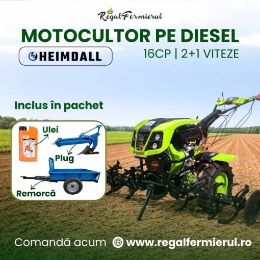 Pachet Motocultor Land Master 16 CP Diesel, Remorca 600 kg , Plug si Ulei - Img 2