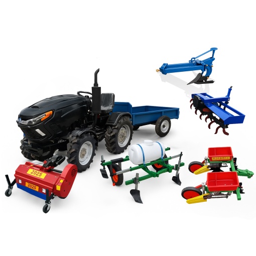 Pachet Complet Tractor Negru 22CP Diesel – Remorca, Plug, Freza, Tocator, Semanatoare si Pulverizator