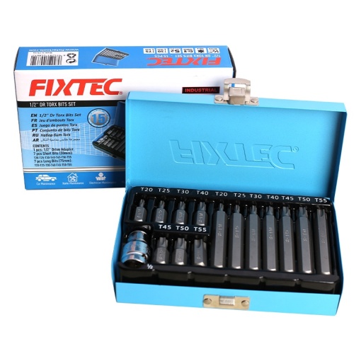 Set biti Torx FIXTEC 15 piese, 1/2", S2, cutie metal - Img 3