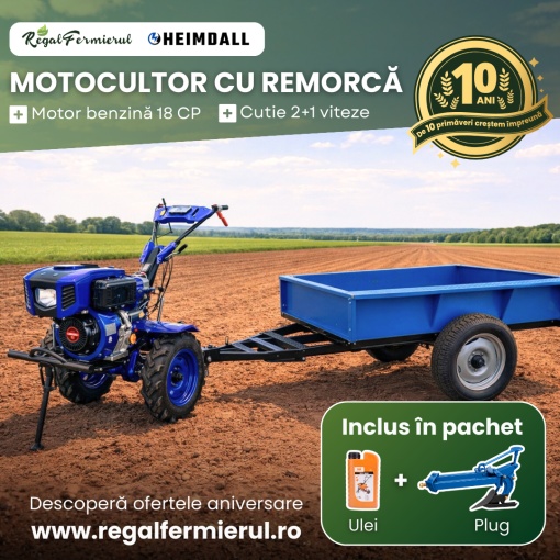 Pachet Motocultor 18 CP Benzina , Remorca 600 kg , Plug si Ulei - Img 2