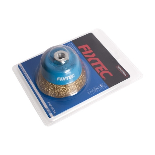 Perie tip cupa FIXTEC 75 mm cu fire rasucite si filet M10/M14 - Img 2