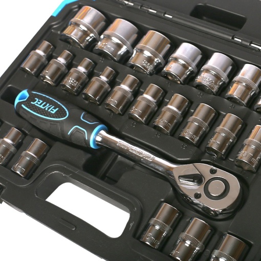 Set chei tubulare FIXTEC 32 piese 1/2", CR-V, cu clichet reversibil si cutie plastic - Img 4