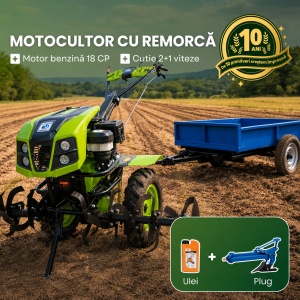 Pachet Motocultor Land Master 18 CP Benzina , Remorca 600 kg , Plug si Ulei