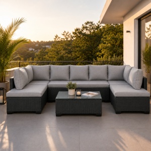 Set mobilier terasa ratan negru, coltar modular 6-7 locuri + masa cafea cu sticla securizata