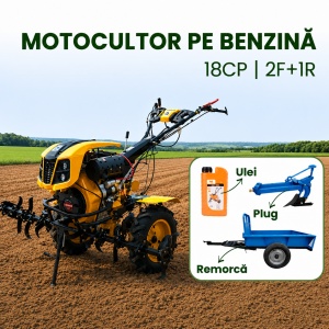 Pachet Motocultor 18 CP Benzina , Remorca 600 kg , Plug si Ulei