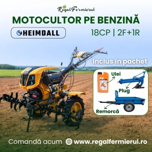 Pachet Motocultor 18 CP Benzina , Remorca 600 kg , Plug si Ulei