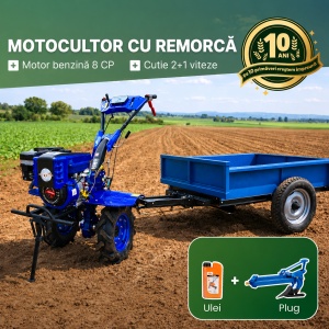 Pachet Motocultor 8 CP , Remorca 600 kg , Plug si Ulei