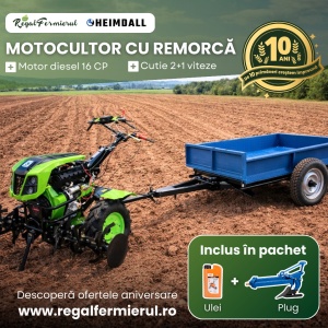 Pachet Motocultor Land Master 16 CP Diesel, Remorca 600 kg , Plug si Ulei