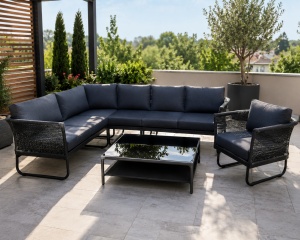Set colțar modular pentru grădină cu masă și blat din sticlă securizată